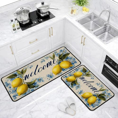 Classic Kitchen Mats for Floor, 2-Piece Non-Slip Kitchen Rugs - color: Lemon Blue Flower