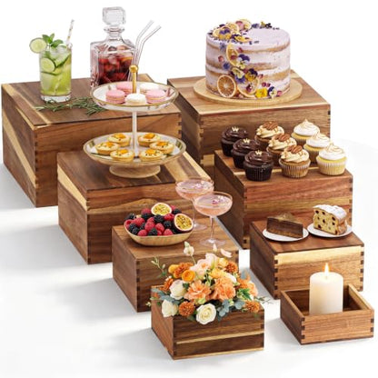 Maxdot 8 Pcs Acacia Wood Risers Buffet, Wood Display Stand 4.7 to 11 Inch Square Dessert Table Set for Buffet Table Stackable Wooden Crates for Birthday Wedding Home Decor