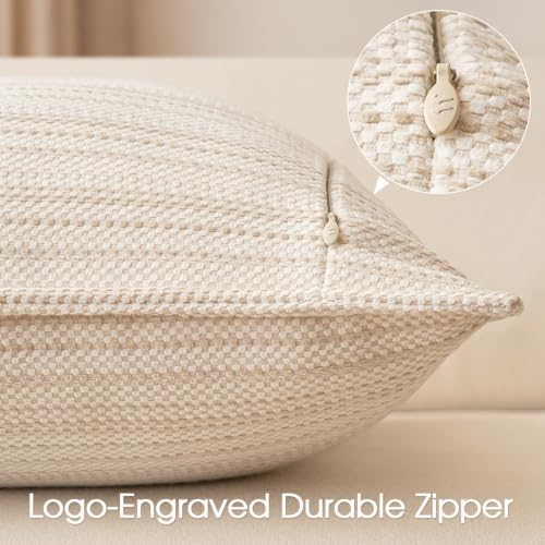 a moment Beige Designer Textured Throw Pillow Covers 18x18 Set of 2 Vertical Striped Chenille Cushion Covers Decorative Pillowcases for Couch Sofa Bed Living Room Boho Farmhouse Home Decor - color: Beige, size: 18" x 18" (Pack of 2)