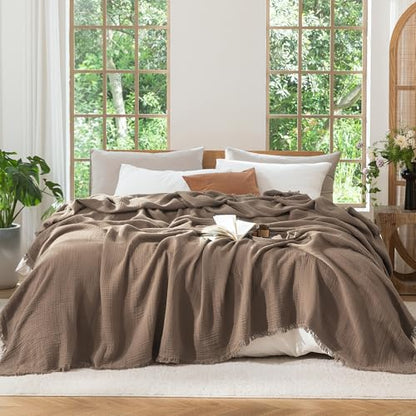 MooMee 100% Cotton Muslin Blanket, Fringed 4-Layer Gauze Bed Throw Blankets - color: Brown, size: Oversize Queen