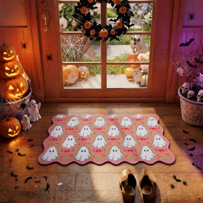Dunzy Pink Halloween Doormat Outdoor Bow Ghost Scalloped Faux Coir Mat - style: Ghost and Bow