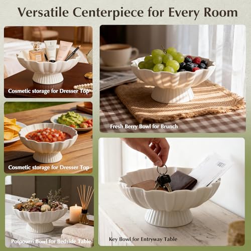 White Pedestal Fruit Bowl for Kitchen Counter, 9-Inch Ceramic Centerpiece Bowl with Fluted Texture, Modern Farmhouse Coffee Table Decor for Dining Table,Entryway Key Bowl, HouseWarming Gift