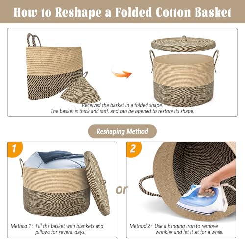 XXXXL Extra Large blanket basket with lid 21"x21"x18" blanket storage for living room,Large woven storage basket round laundry basket rope basket 115L (Jute&Black) - color: Jute&Black