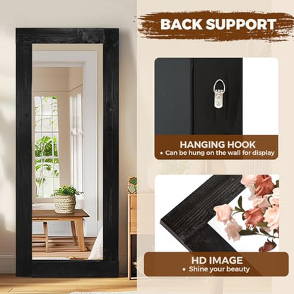 58x24in Full Length Mirror, Solid Wood Convex Frame, Black - color: Black-convex Frame, size: 58"L x 24"W