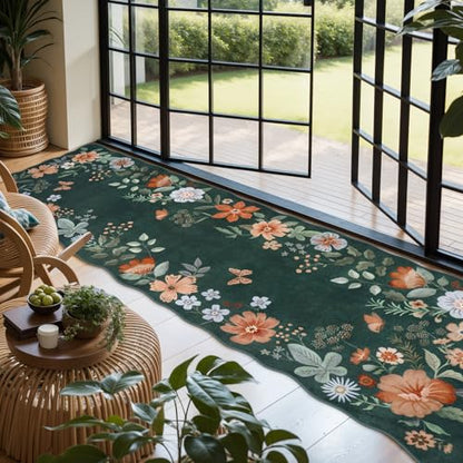 Lahome Floral Washable Runner Rug, 2'6''x8' Soft Hallway Runner Non Slip - color: Dark Green, size: 2.6' x 8'(Runner)