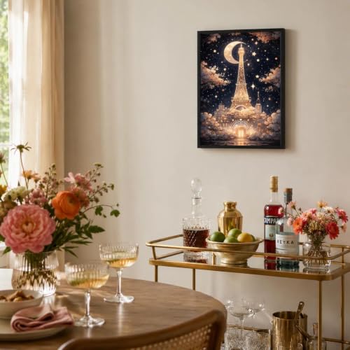 Framed Canvas Wall Art Paris Eiffel Tower Moon Night Wall Decor, 12x16 Inch - color: Gold2