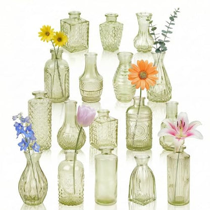 Glass Bud Vases in Bulk Small Mini Green Vase for Flowers 17pc - color: Green