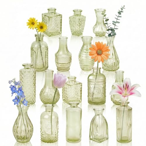 Glass Bud Vases in Bulk Small Mini Green Vase for Flowers 17pc - color: Green