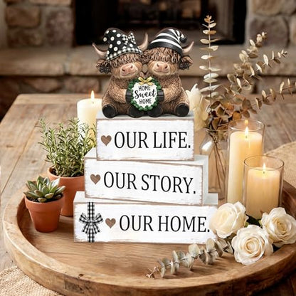 Yousoontic 4 Pcs Sweet Home Highland Cow Figurines, Rustic Farmhouse Decor - style: Home