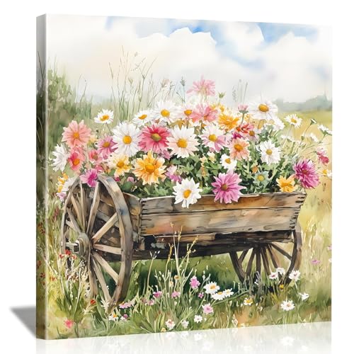 LJXDUBAF Vintage Floral Canvas Wall Art,Rustic Meadow with Flowers Landscape Framed Poster, Farmhouse Style Artwork for Living Room Bedroom Bathroom Kitchen Decor (Flower 05, 24L×24W) - color: Flower 05, size: 24L"×24W"