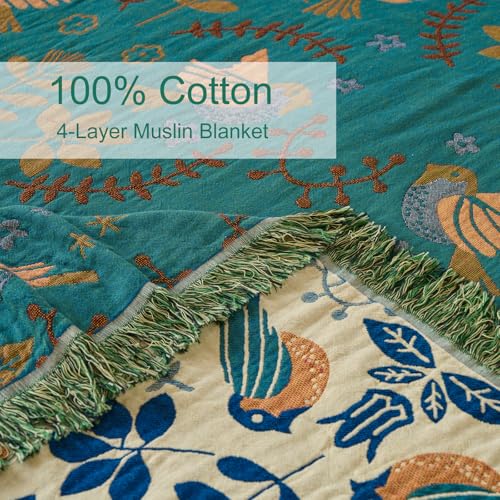 Boho Throw Blanket, 100% Soft Cotton Floral Quilt, Queen 80"x90" - color: Spring Blue, size: Queen 80"x90"