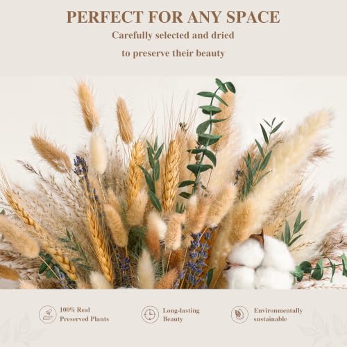 Green Dried Flower Bouquet, 10 Varieties Pampas Grass with Eucalyptus, Lavender, Cotton, Wheat & Bunny Tails, Natural Dried Flowers for Vase, Boho Farmhouse Wedding Home Decor - size: Green