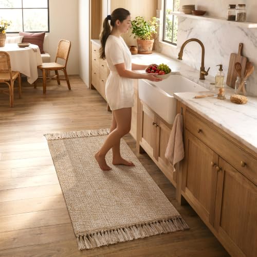 Collive 2' x 4.3' Boho Kitchen Runner Rug, Tan/Cream Washable Bathroom Rug - color: Tan/Cream, size: 2' x 4.3' (Rectangular)