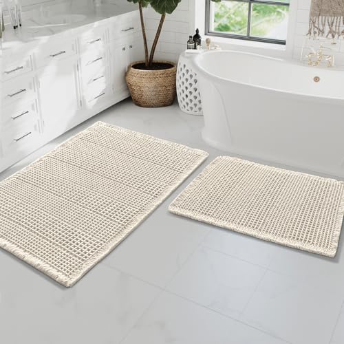 H.VERSAILTEX Waffle Bath Mat Super Absorbent Bathroom Mats Non Slip Bath Rugs for Bathroom Floor Machine Washable Ultra Soft Bathroom Rugs for Beside Tub, (32 x 20 Plus 24 x 17 - Inches, Ivory) - color: Ivory, size: 20" x 32" Plus 17" x 24"