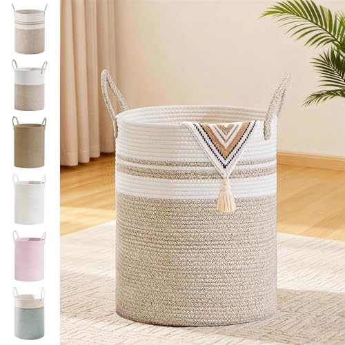 53L Tall Cotton Rope Laundry Basket with Handles, White & Brown - color: Brown & White, size: 53L