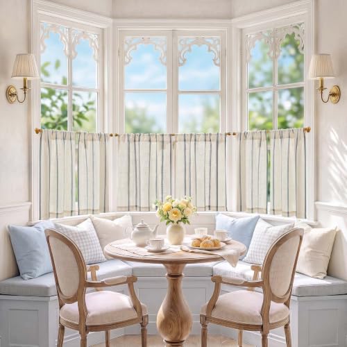 jinchan Linen Striped Tier Curtains for Kitchen Windows Farmhouse - color: Shadow Stripe | Blue on Linen, size: 26"W x 24"L (Pack of 2)