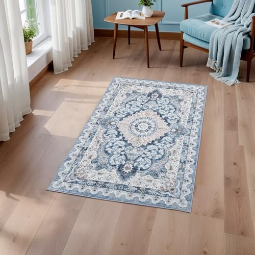 Macgace Washable Vintage Small Area Rug for Entryway, 2x3 Rugs Blue & Beige - color: Blue & Beige, size: 2' x 3' (Rectangular)