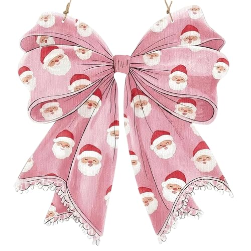 Eartim Christmas Pink Bow Wooden Door Sign Vintage Wall Art Door Hanger - color: Pink Bow Santa Claus