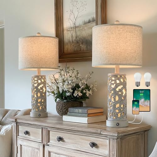 OYEARS Bedside Table Lamps Set of 2 with Night Light, 22'' Distressed Grey - color: Vintage Grey