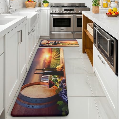 MAYHMYO Wine Country Kitchen Decor Mat Set, 2PC Kitchen Mats, Anti Fatigue - color: Grape Wine