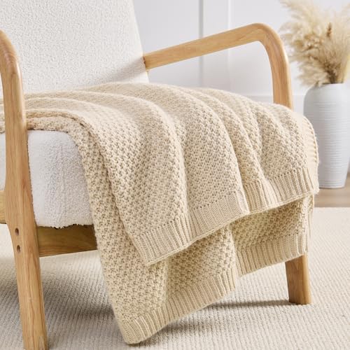 Beige Throw Blanket, Moss Knit, 60" x 80", Ivory Beige - color: Moss-beige, size: 60"x80"