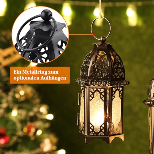 IMAGE Metal Candle Lanterns 6.7" H Hanging Lanterns Moroccan Birdcage Holders with Glass Creative Wedding Home Tabletop Decoration, Black (4)