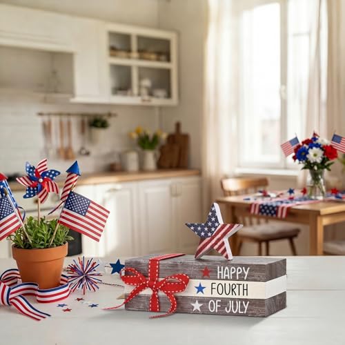 Smile Happy 4th of July Wooden Block Stack with Patriotic Star Decor, Tiered Tray Tabletop Sign for Independence Day Decorations - style: Star