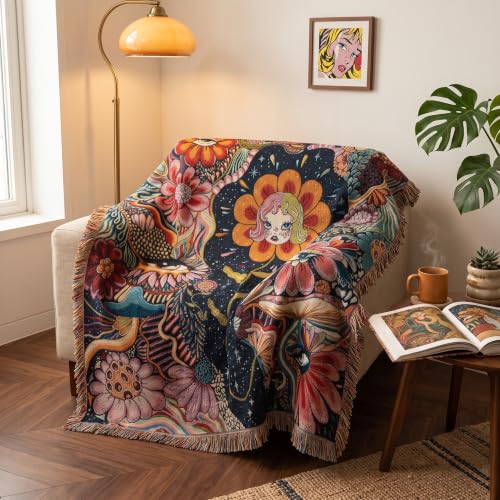 Woven Hippie Boho Throw Blanket for Couch Bed Chair Lounge Boho Room Decor Reversible Cotton Whimsical Throw Blanket Witchy Room Decor Aesthetic Throws Bed Spread Outdoor Camping Blankets 51x59 Inches - color: Woven Hippy Girl