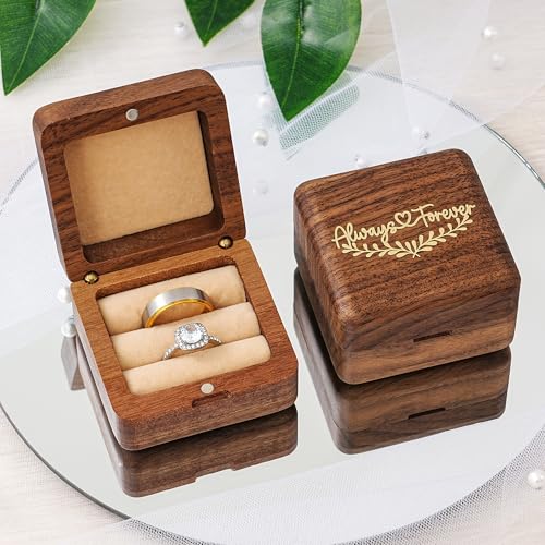 KWOOD Personalized Wooden Wedding Ring Box, Engraved Always &Forever Double Ring Holder, Wedding Ceremony Ring Bearer Box, Anniversary Birthday Gift Idea - style: G-Always & Forever