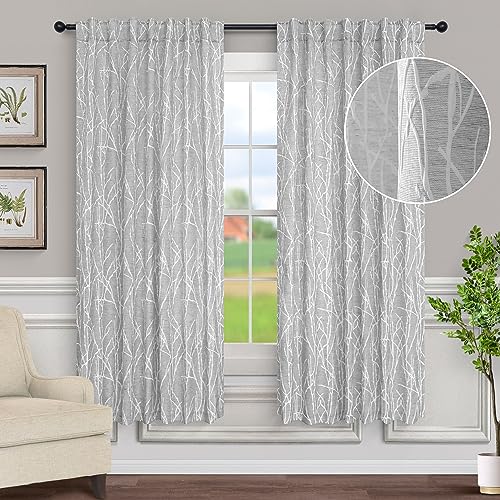 Light Grey White Curtains 63 Inch Length for Bedroom 2 Panels Back Tab Pocket Linen Tree Branch Print Embossed Embroidered Patterned Privacy Silver Gray Curtain for Kitchen 50% Blackout Room Darkening - color: Silver Grey, size: 52"W x 63"L (Pack of 2)