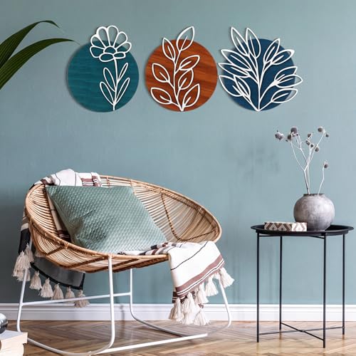 Wenqik Set of 3 Teal Style 3D Wood Metal Wall Art, Geometric Leaf - style: Teal Style