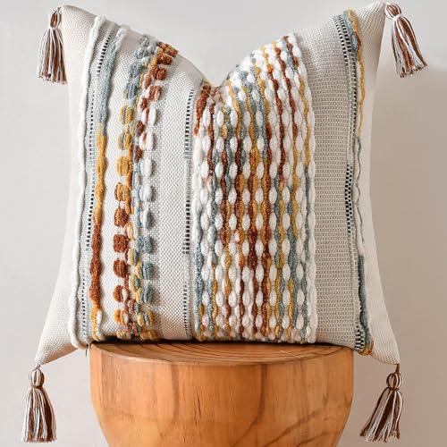 AmHoo Chenille Striped Textured Boho Throw Pillow Covers Aesthetic with Tassels Woven Decorative Pillow Case for Couch Bed Sofa Bedroom Modern Funky 18 x 18-Inch Brown - color: Brown, size: 18" x 18" (Pack of 1)