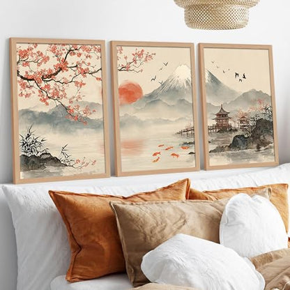 Japanese Sakura Wall Art Set of 3, Mountain Landscape Canvas Prints - color: CherryBlossomMountain, size: 12x16 Inches