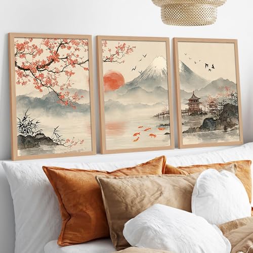 Japanese Sakura Wall Art Set of 3, Mountain Landscape Canvas Prints - color: CherryBlossomMountain, size: 16x24 Inches