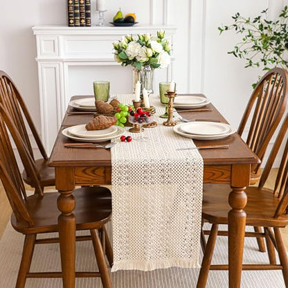 Simple&Opulence Boho Macrame 100% Cotton Table Runner - 12 x 72 Inch, Woven Farmhouse Table Runner with Fringed Edges for Bohemian Rustic Wedding, Bridal Shower, Dinner （Beige） - size: 12"x72", style: Cotton / Beige