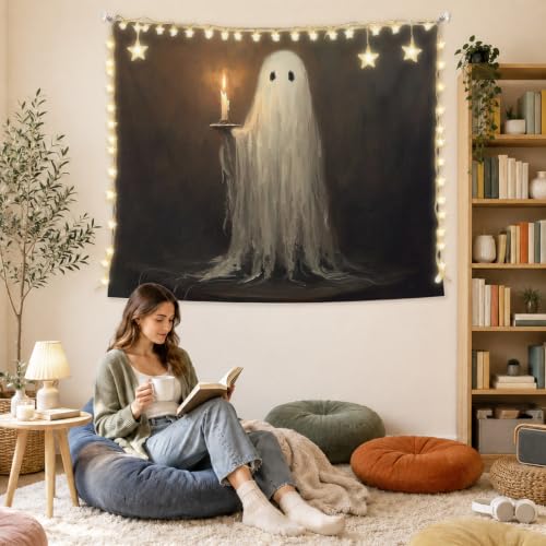 AHNWICNR Ghost Halloween Tapestry, Dark Moody Cute Ghost Wall Hanging Decor - color: Ghost Candle