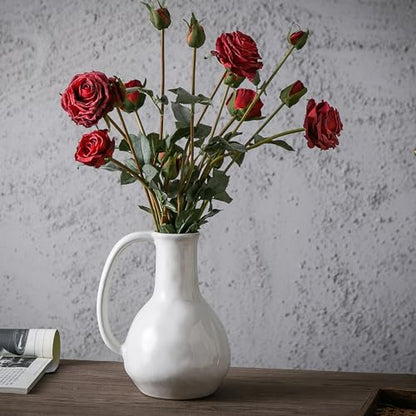Tanvecle White Ceramic Vase with Big Handles, Modern Farmhouse Decor, Rustic Pottery for Flowers, Decorative Terracotta Centerpiece for Dining Table