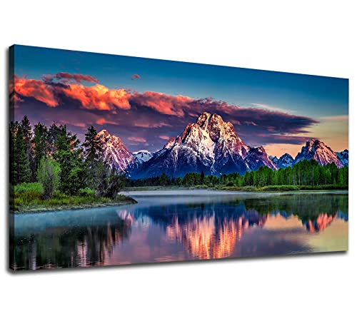 Sunset Landscape Canvas Wall Art for Living Room Grand Teton Wyoming National Park Picture Wall Decor Snake River Mountain Forest Nautre Prints Artwork Bedroom Bathroom Office Home Decor 29" X 58" - color: Sunset Mountain Lake, size: 58"L x 29"W