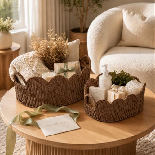 Endymion Set of 2 Paper Rope Scalloped Basket, Wicker Storage Baskets - color: Coffee