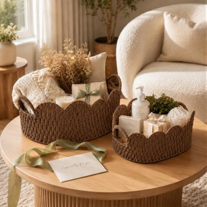 Endymion Set of 2 Paper Rope Scalloped Basket, Wicker Storage Baskets - color: Coffee