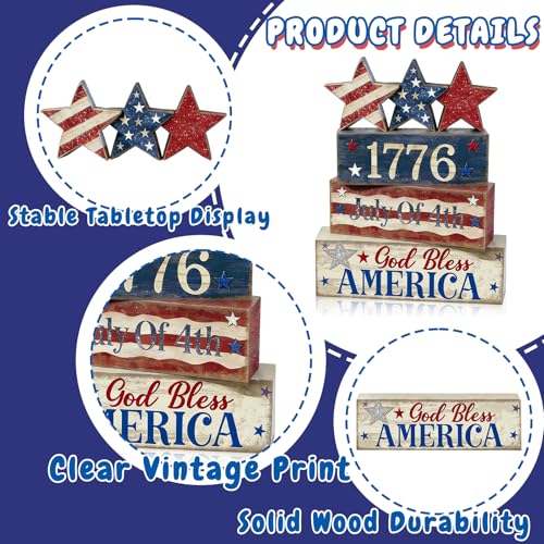 4th of July Table Decorations Patriotic Memorial Day Tiered Tray Decor Wooden Star Block Signs Independence Farmhouse 250th July Fouth Centerpiece for Tables Wooden Sign for Home Decor - style: July Fouth Star
