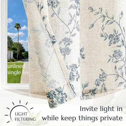 jinchan Blue Floral Kitchen Tier Curtains Alisa 36 Inches Tie Top 2 Panles - color: Alisa Blue on Linen, size: 26"W x 36"L (Pack of 2)