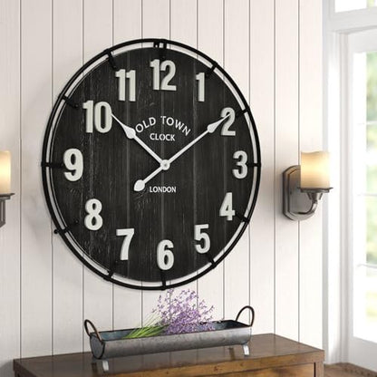 EMAX HOME Large Old Town Farmhouse Black Wall Clock 24 Inch Rustic Antique Wood with Metal Circle and Large Numerals Silent Battery Operated Wall Clock for Office Kitchen Bedroom Living Room - color: Black, size: 24 Inch
