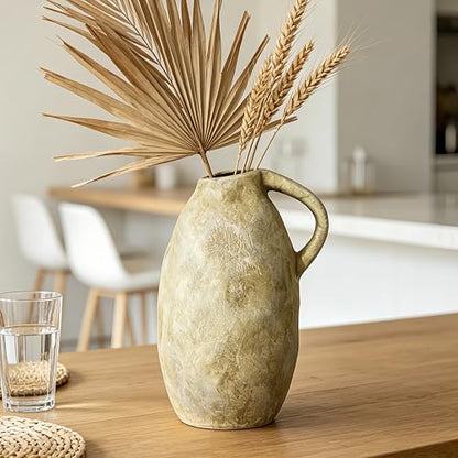 Rustic Ceramic Vase with Handle, 10.3 Inch, Farmhouse Decor, Beige - color: Beige