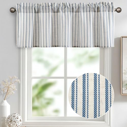 JIUZHEN 52x18 Inch Kitchen Valance - Thick Textured Linen Striped Window Valance Curtain with 3" Rod Pocket, Vertical Striped Blue (1 Panel) - color: Vertical Striped Blue, size: 52"W x 18"L (Pack of 1)