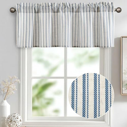 JIUZHEN 52x18 Inch Kitchen Valance - Thick Textured Linen Striped Window Valance Curtain with 3" Rod Pocket, Vertical Striped Blue (1 Panel) - color: Vertical Striped Blue, size: 52"W x 18"L (Pack of 1)
