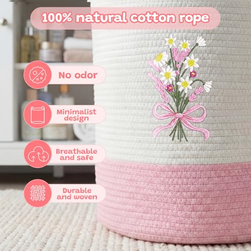Honeydak Pink Bow Cotton Rope Laundry Basket Hamper, Flower - style: Flower