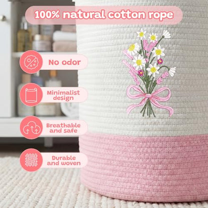 Honeydak Pink Bow Cotton Rope Laundry Basket Hamper, Flower - style: Flower