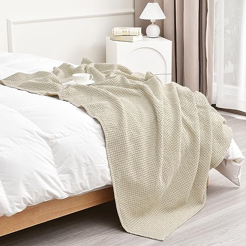 PHF 100% Cotton Waffle Throw Blanket Lightweight Breathable, Linen/Stone - color: Linen/Stone, size: Throw(50" x 60")