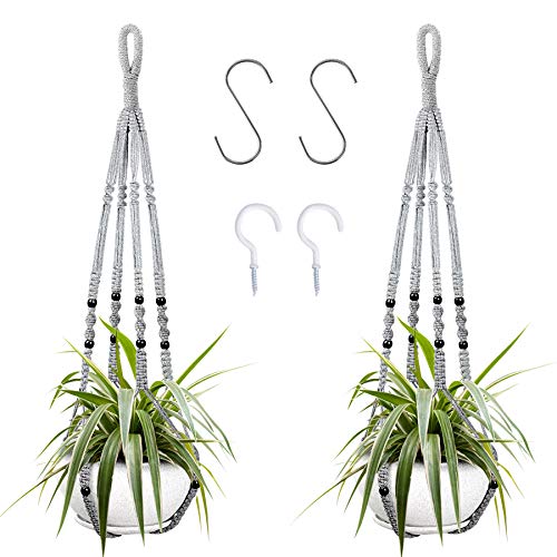 Augshy 2 Packs Macrame Hanging Planter, Indoor Hanging Planter Basket with Wood Beads Decorative Macrame Pot Hanger for Home Decor (Grey) - color: Gray, size: 35 Inches